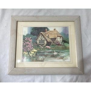 Framed Watercolor Print Cottage House By RAY BURDZINSKI Swan Flowers Lake